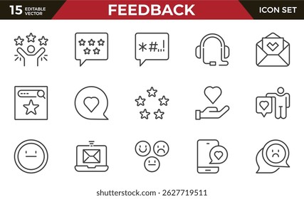 Symbolsatz für Feedbackzeile. Wie, überprüfen und kommentieren Sie auf Internet-Inhalte. Meinung und Umfrage der Nutzer. Gliederungssymbol.