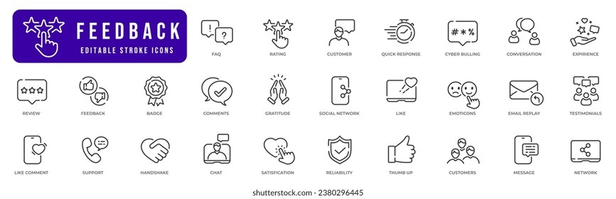Juego de iconos de línea de comentarios. Revisar, como, cliente, mensaje, chat, comentario, etc. Razo editable