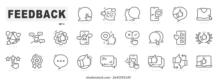 Feedback line icon set. Review, like, customer, message, chat, comment etc. Editable stroke