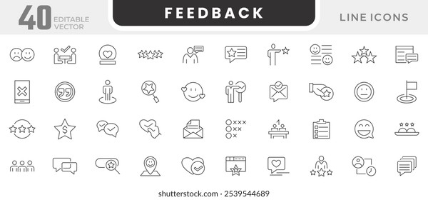 Feedback line icon set.  Survey, checklist, feedback, option, accept, arrow, way, messages, calls, rating, bubbles, review, satisfied, graph, marketing line icon set. UI thin line icon pack.