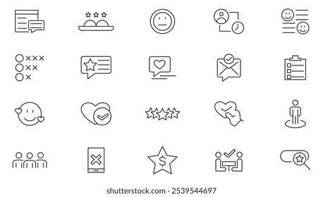 Feedback line icon set.  Survey, checklist, feedback, option, accept, arrow, way, messages, calls, rating, bubbles, review, satisfied, graph, marketing line icon set. UI thin line icon pack.