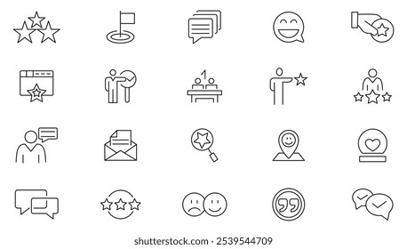 Feedback line icon set.  Survey, checklist, feedback, option, accept, arrow, way, messages, calls, rating, bubbles, review, satisfied, graph, marketing line icon set. UI thin line icon pack.