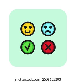Icono de línea de Comentarios. Sonríe, como, no me gusta. Concepto de rechazo. Puede ser utilizado para temas como la revisión del Cliente, tasa, Aprobación, tienda en línea