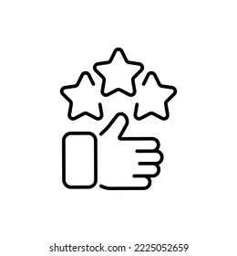 Feedback line icon. Trumb up with three stars, thumb up, emotion, to share with friends. Review concept. Vector black line icon on a white background