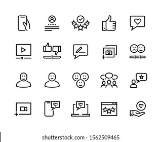 Feedback line icons. Customer review and questionnaire list outline pictograms. Vector user experience and opinion test set. Communication services testing consumer emotions
