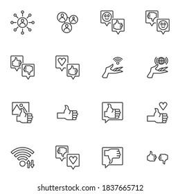 Feedback line icons set, customer reviews outline vector symbol collection, linear style pictogram pack. Signs, logo illustration. Set includes icons as chat message, speech bubble, thumbs up gesture