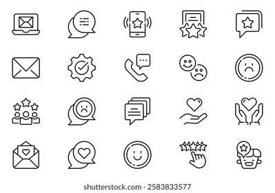 Feedback line icons set. Like, review and comment on Internet content. User opinion and survey. Outline icon. Concept