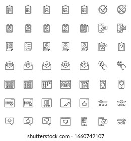 Feedback line icons set. linear style symbols collection, Document reviews and rating outline signs pack. vector graphics. Set includes icons as like and dislike, positive negative feedback, rate star