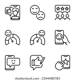 conjunto de iconos de línea de retroalimentación. opinión, satisfacción, comentario, pregunta, tasa, valoración, revisión, encuesta, comentario, comentarios, como, voz, cliente, chat, foro, soporte