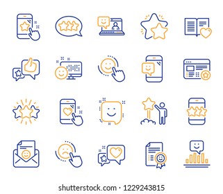 Feedback line icons. Set of User Opinion, Customer service and Star Rating icons. Testimonial, Positive negative emotion, Customer satisfaction. Social media feedback, star rating technology. Vector