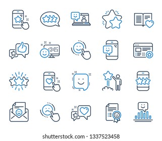 Feedback line icons. Set of User Opinion, Customer service and Star Rating icons. Testimonial, Positive negative emotion, Customer satisfaction. Social media feedback, star rating technology. Vector