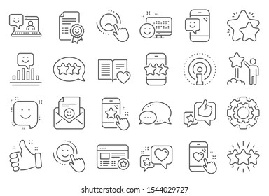 Feedback line icons. Set of User Opinion, Customer service and Star Rating icons. Testimonial, Positive negative emotion, Customer satisfaction. Social media feedback, star rating technology. Vector