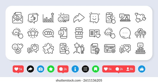 Feedback line icons. Social media: share, comment, like icons. User Opinion, Customer service and Star Rating icons. Testimonial, Positive negative emotion, Client satisfaction. Vector