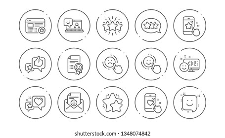 Feedback line icons. User Opinion, Customer service and Star Rating. Customer satisfaction linear icon set. Line buttons with icon. Editable stroke. Vector