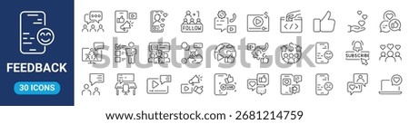 Feedback line web icons:  Testimonials, like, comment, marketing, survey, confirmation, collection. Editable stroke. Vector illustration.