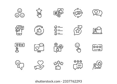 Feedback lines icon set. Feedback genres and attributes. Linear design. Lines with editable stroke. Isolated vector icons.