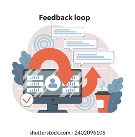 Feedback loop concept. Desktop displays data analysis while continuous circle arrow indicates ongoing evaluation from user comments. Streamlined process enhancement. Flat vector illustration.