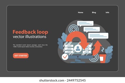 Feedback loop concept. Desktop displays data analysis while continuous circle arrow indicates ongoing evaluation from user comments. Streamlined process enhancement. Flat vector illustration.