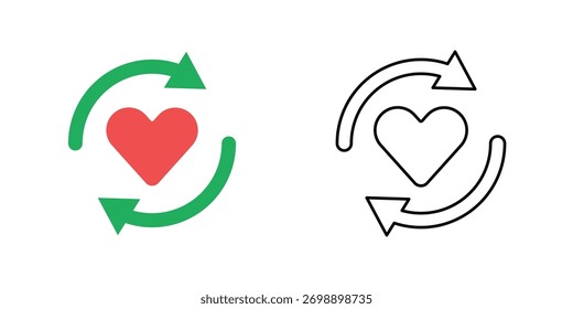 Feedback loop heart icon showing circular arrows around a heart symbol. Perfect for ethical AI improvement, user empathy design, and positive feedback systems.