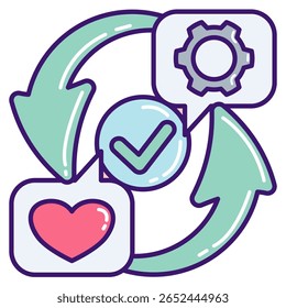 Ícone de Loop de Feedback representado por marca de seleção, engrenagem, como, seta de feedback Estilo de cor linear.