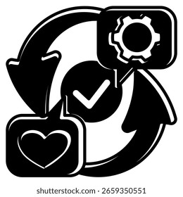 Feedback Loop Symbol dargestellt durch Häkchen, Zahnrad, wie, Feedback-Pfeil Schwarz gefüllt Stil.