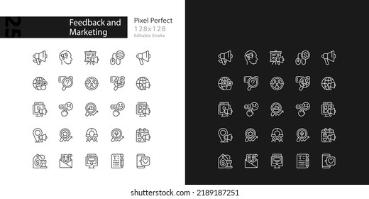 Feedback and marketing pixel perfect linear icons set for dark, light mode. Advertising optimization. Engage customers. Thin line symbols for night, day theme. Isolated illustrations. Editable stroke