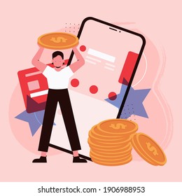 Feedback in mobile application concept vector illustration. Cartoon man customer character holding gold money coin, standing near big mobile phone screen with rating stars and credit card background