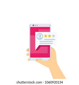 feedback, mobile review, phone in hands, vector illustration