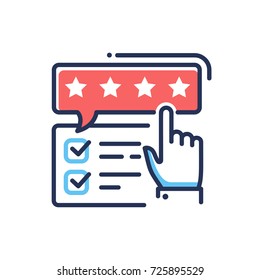 Feedback - modern vector single line design icon. An image of check marks, four star rating bubble and a pointing hand, red, blue colors. Web site, application rating presentation.