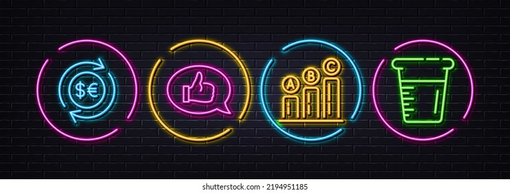 Feedback, Money currency and Graph chart minimal line icons. Neon laser 3d lights. Cooking beaker icons. For web, application, printing. Speech bubble, Cash change, Growth report. Water. Vector