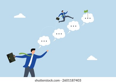feedback to motivate to success, businessman jump on speech bubble advice to success.