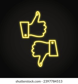 Feedback neon icon. Evaluation, customer response. Thumb up and down, approve or reject. Vector illustration