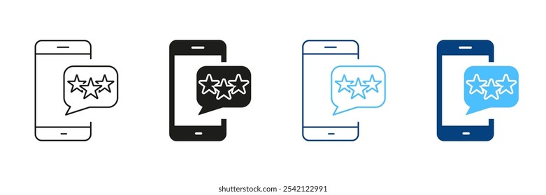 Feedback On Mobile Phone Line and Silhouette Icon Set. Social Media App Rating Pictogram. Stars On Smartphone With Speech Bubble Symbol. Editable Stroke. Isolated Vector Illustration.