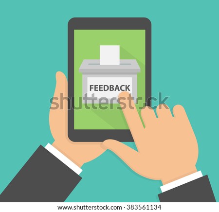 Feedback online concept. Hand holding tablet with feedback box icon on the screen. Hand pointing to a feedback box on a tablet display. Flat design
