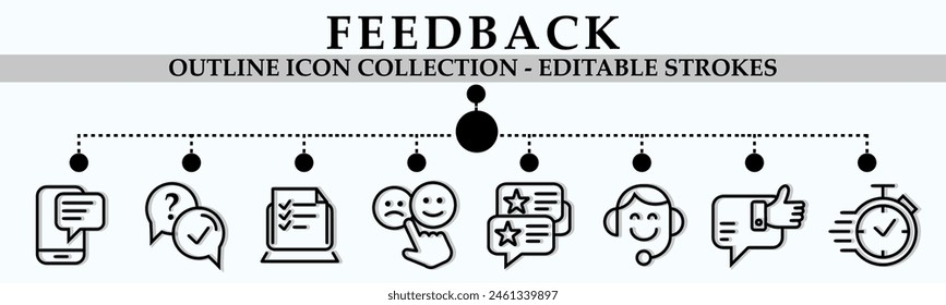 Feedback outline icon collection. Containing icons of answer, online survey, testimonials, support, quick response and more. Linear icon collection. Editable stroke. Vector illustration