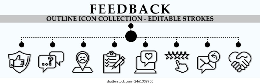 Feedback outline icon collection. Containing icons of reliable, question, location mark, survey, rating, handshake and more. Linear icon collection. Editable stroke. Vector illustration