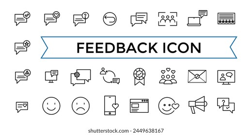 Colección de iconos de esquema de Comentarios. Línea Set Iconos relacionados con la calificación, testimonios, respuesta rápida, satisfacción y más. Conjunto de iconos Web.