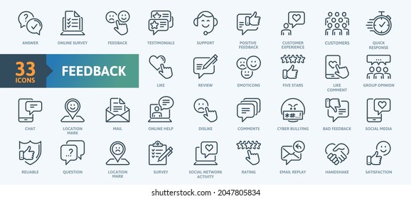 Feedback Outline Icon Collection. Thin Line Set contains such Icons as Rating, Testimonials, Quick Response, Satisfaction and more. Simple web icons set. - Shutterstock ID 2047805834
