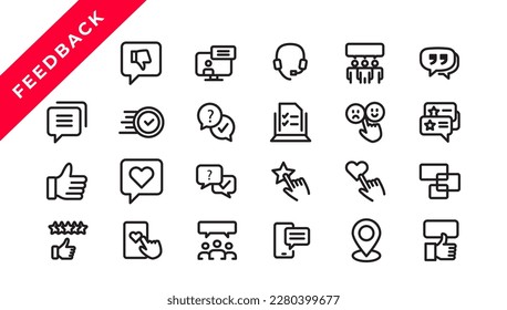 Feedback Outline Icon Collection. Thin Line Set contains such Icons as Rating, Testimonials, Quick Response, Satisfaction and more. Simple web icon set