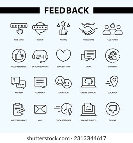 Feedback outline Icon Collection. Thin Line Set contains such Icons as Rating, Testimonials, Quick Response, Satisfaction, review, like, dislike, online support and more. Simple web icons set.