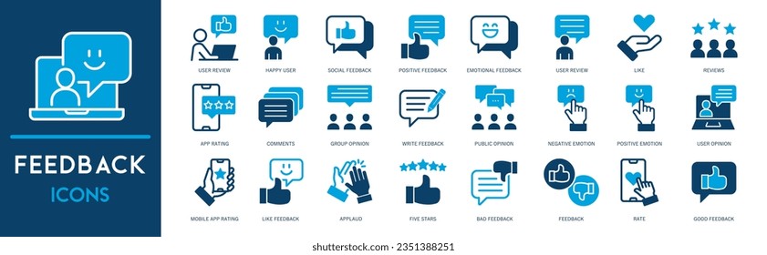 Feedback Outline Icon Collection. Thin Line Set contains such Icons as Rating, Testimonials, Quick Response, Satisfaction and more. Simple web icons