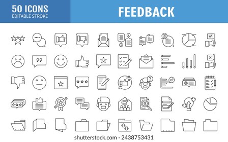 Feedback Outline Icon Collection. Thin Line Set contains such Icons as Rating, Testimonials, Quick Response, Satisfaction and more. Simple web icons set.