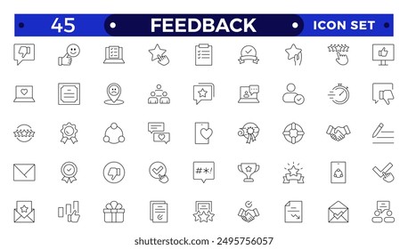 Feedback Outline Icon Collection. Thin Line Set contains such Icons as Rating, Testimonials, Quick Response, Satisfaction and more. Simple icon set.
