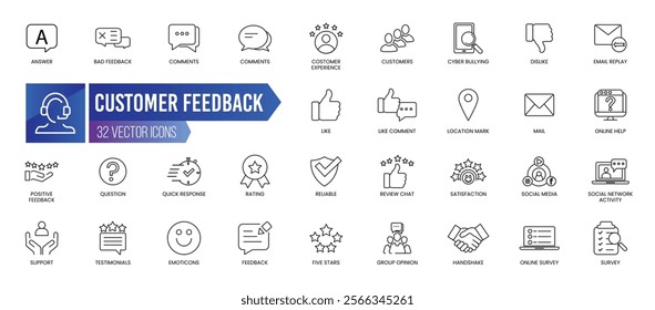 FEEDBACK - Outline Icon Collection. Thin Line Set contains such Icons as Answer, Bad Feedback, Chat, Comments, Customer Experience and more. Simple web icons set.