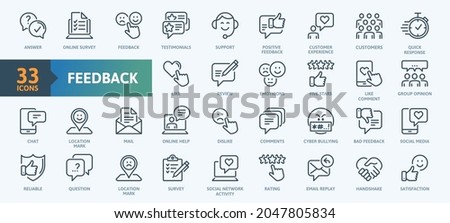 Feedback Outline Icon Collection. Thin Line Set contains such Icons as Rating, Testimonials, Quick Response, Satisfaction and more. Simple web icons set.