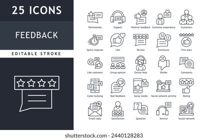 Feedback Outline Icon Set. Thin Line Collection contains such Icons as Review, Rating, Testimonials, Quick Response, Satisfaction, Customer Experience and more. Vector simple minimalist icon