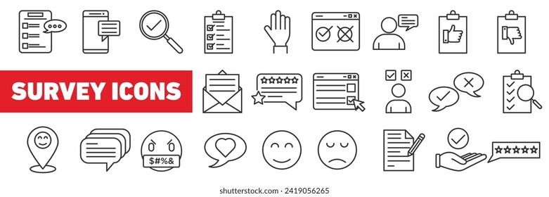 Feedback outline liner icon collection. Online consumer Survey web icons in line style.  simple app and web review, opinion, and ranking related elements.