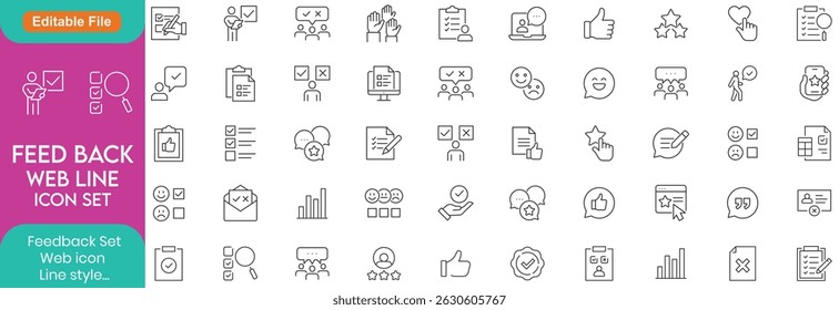 Feedback Outline Web line Icon Collection. Thin Line Set contains such Icons as Rating, Testimonials, Quick Response, Satisfaction and more. Simple web icons set.