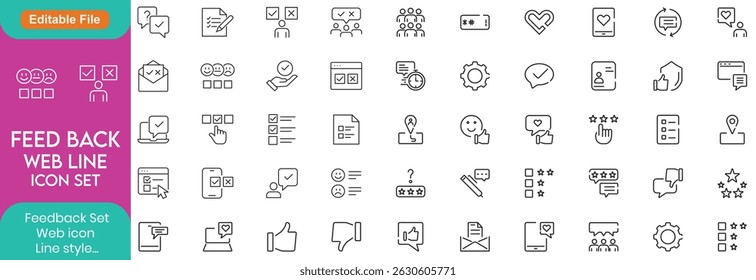 Feedback Outline Web line Icon Collection. Thin Line Set contains such Icons as Rating, Testimonials, Quick Response, Satisfaction and more. Simple web icons set.