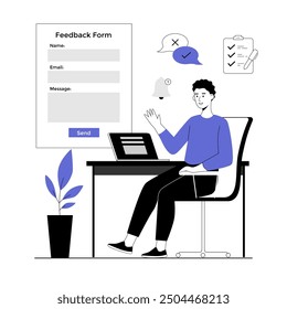 Feedback page concept. Man giving review and filling webpage form with client experience. Vector illustration with line people for web design.	
